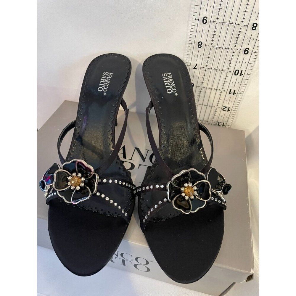 NEW Franco Sarto Womens L-Citron Black Mystique Satin Sandals Size 7.5